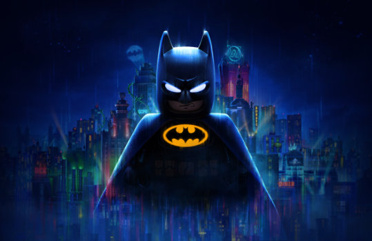 Game art for Lego Batman featuring the Lego Batman in the foreground against a backdrop of a city landscape at night in the background.
