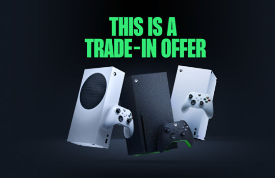 THIS IS A TRADE-IN OFFER: An Xbox Series S, an Xbox Series X, and an Xbox Series X Digital Edition with a wireless controllers.