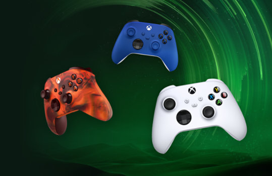 Xbox Wireless Controllers in Fire Vapor, Shock Blue, and Robot White.