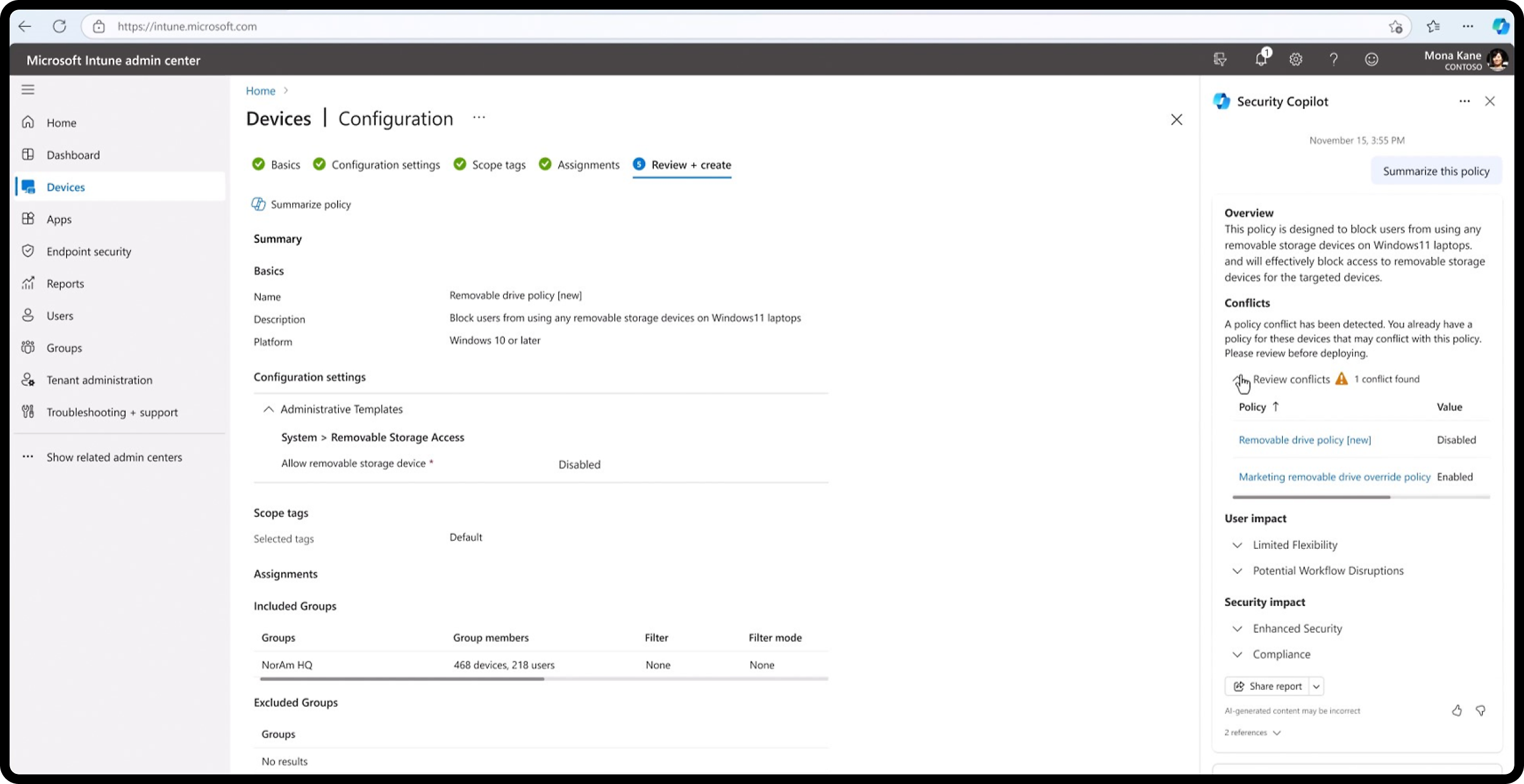 Microsoft Intune admin center: Policy on removable storage device usage for enhanced security and compliance reporting.