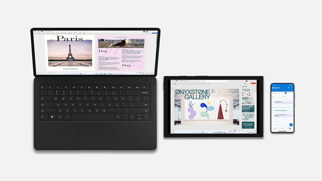 Usługa Microsoft 365 działa na laptopie Surface, tablecie i telefonie komórkowym, przykłady urządzeń obsługujących aplikacje i usługi Microsoft 365.