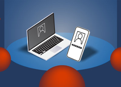 Ominous red spheres representing potential threats surround a laptop and mobile device.