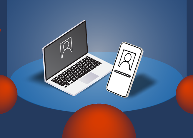 Imagem de um infográfico exibindo um celular e um laptop sobre uma mesa, ambos com uma imagem de perfil genérica