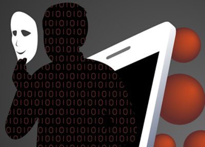 A person silhouette made of code holding a mask and stepping out of a phone. They are followed by red bubbles representing threat actors.