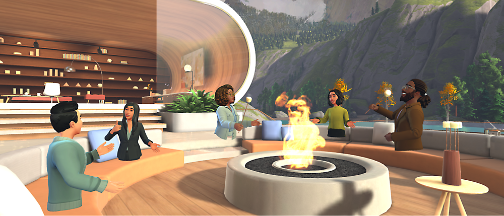Group of animated characters engaging in conversation in a modern lounge with a central fireplace.