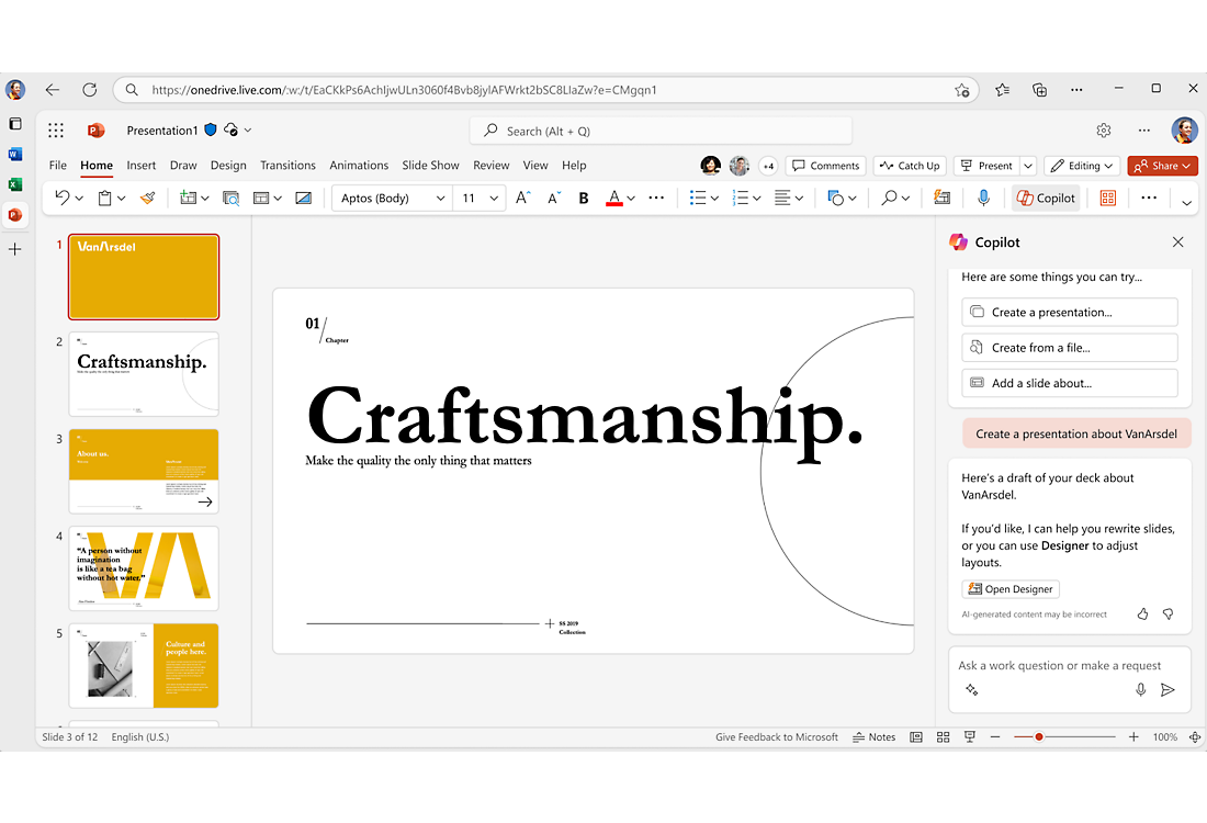 A screen shot of the slide in powerpoint with the word craftsmanship on it