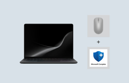 A Surface laptop shown with a mouse and Microsoft Complete protection card on a light background.