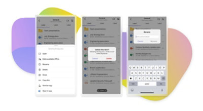 Tiga layar perangkat seluler menampilkan item yang disimpan di Teams sedang dihapus dan diganti namanya.