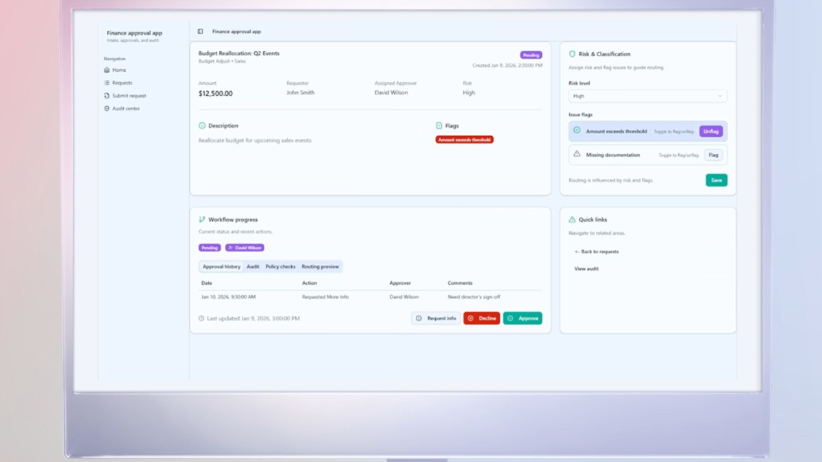 Ejemplo de aplicación de aprobaciones financieras en Power Platform, imagen de Microsoft
