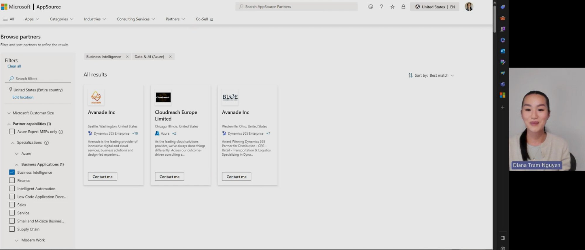 Una captura de pantalla de un vídeo en el que se muestra una página de Microsoft AppSource relacionada con la búsqueda de partners