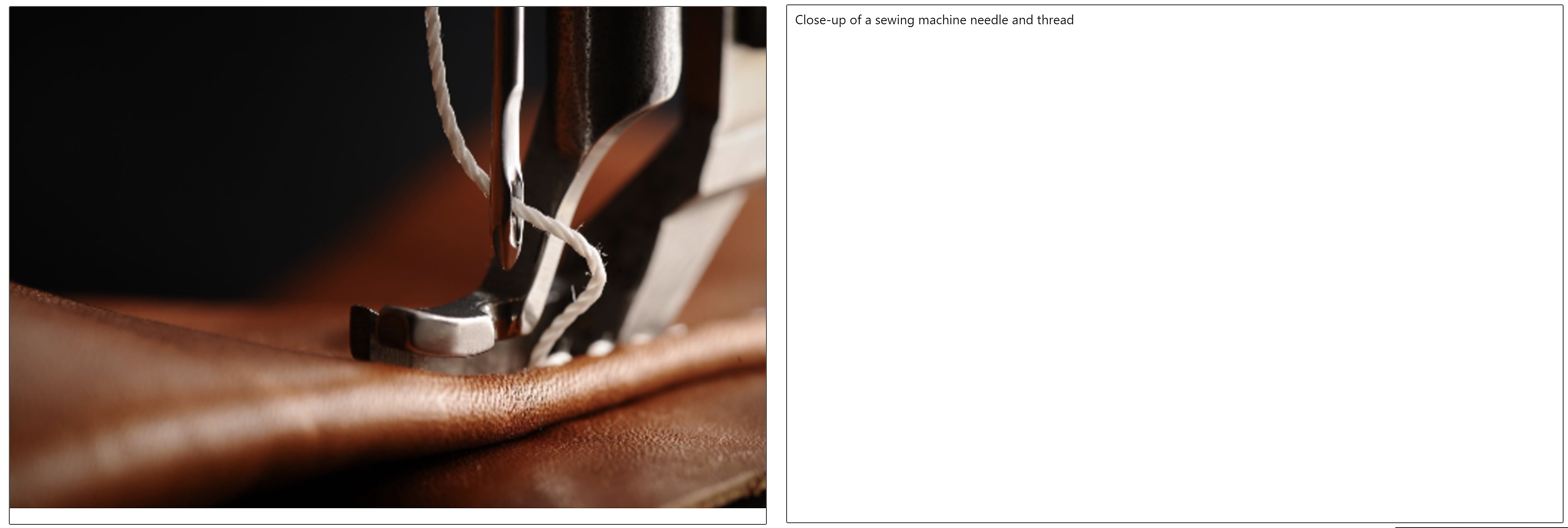 Een close-up van een naald en draad van een machine die door het leer gaat en een onderschrift van de afbeelding ernaast 