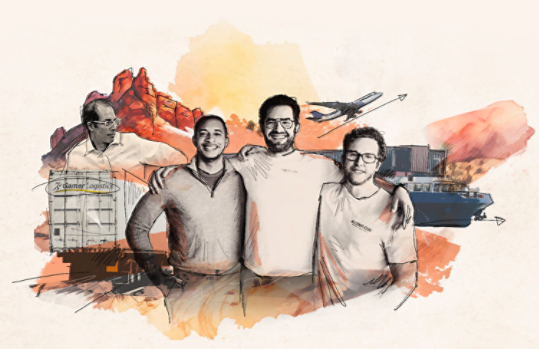 An illustration of the three founders from AizenFLow posing for a photo. The illustration includes elements of the shipping industry around them, including a truck from Gamer Logistics and its CEO, Duane Murphy. Planes and cargo ships can also be seen.