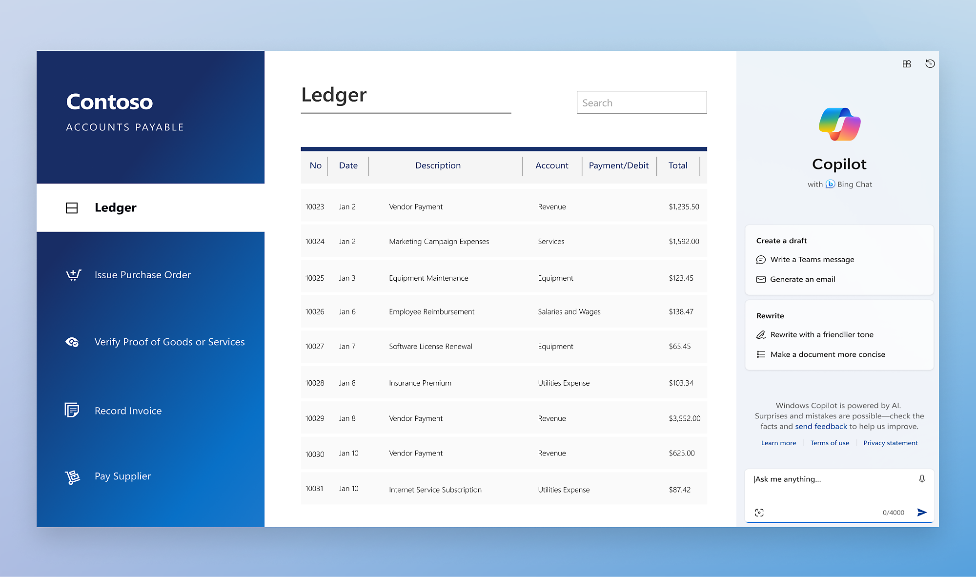 Contoso Ledger - Accounts Payable interface with options for purchase orders, invoices, and payments.