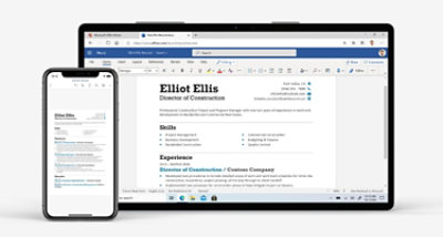 A mobile device and a tablet device showing a resume template in Word