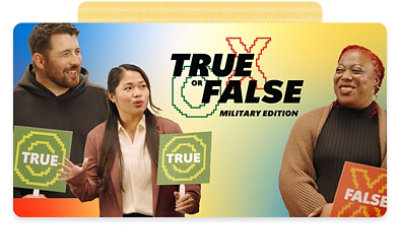 Image of military veterans smiling, with the words &ldquo;True or False, Military Edition&rdquo;