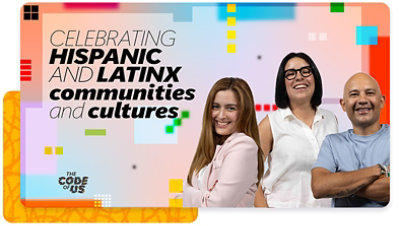 Graphic with colorful geometric shapes and text reading &lsquo;Celebrating Hispanic and Latinx communities and cultures&rsquo; alongside three people standing together.