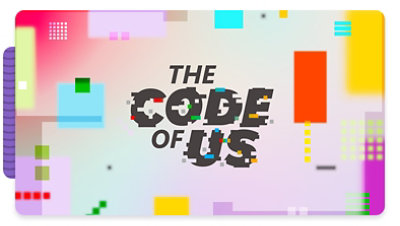 A colorful, abstract background with various geometric shapes and pixelated elements. In the center, the text 'THE CODE OF US' is prominently displayed in bold, black letters with a glitch effect.