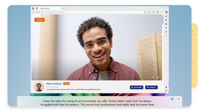 Man on a video screen touting AI as a tool for his cafe promotions