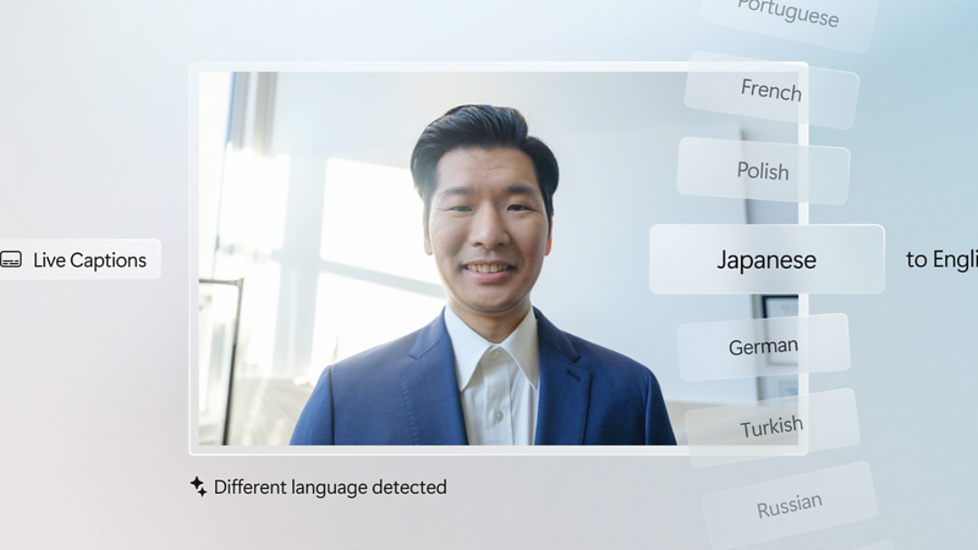 Captions screen with a man smiling and scrolling language options to the right.