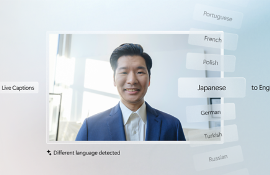 Captions screen with a man smiling and scrolling language options to the right.