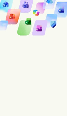 Abstract Microsoft 365 illustration with floating Microsoft Teams, PowerPoint, Outlook, and Microsoft 365 app icons positioned around a light blue background and open central space.