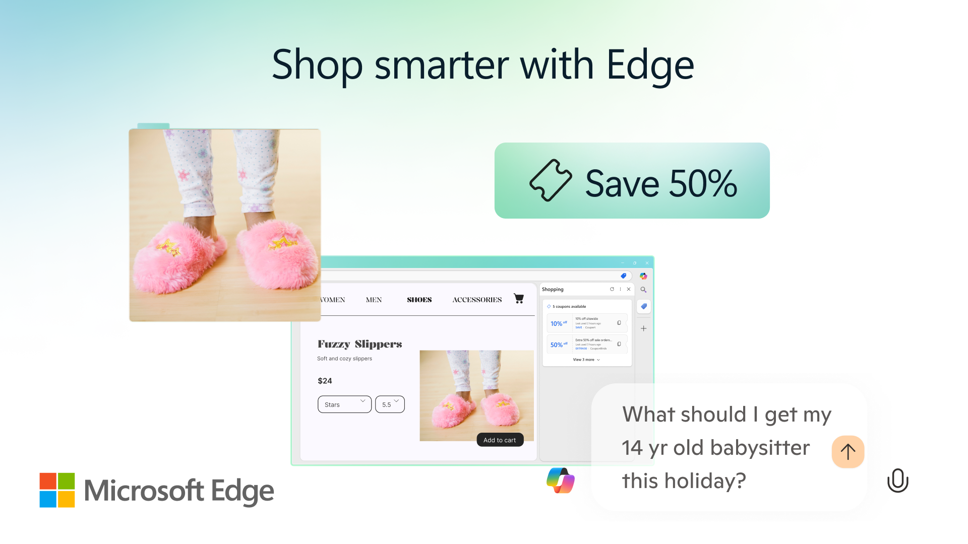 Shop smarter with Edge showing pink house slippers with a Save 50% tag