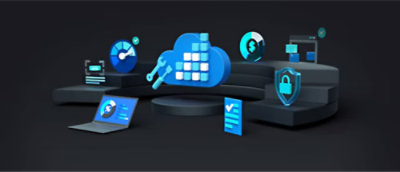 Een computer en pictogrammen op een zwart oppervlak