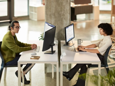 A man and woman working on computers at separate desks.