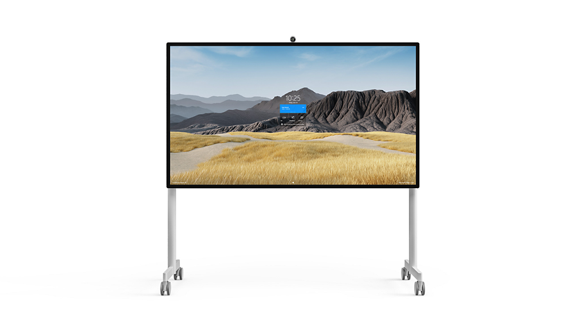 Ein Surface HUB 2S in 85 Zoll auf einer mobilen Halterung.