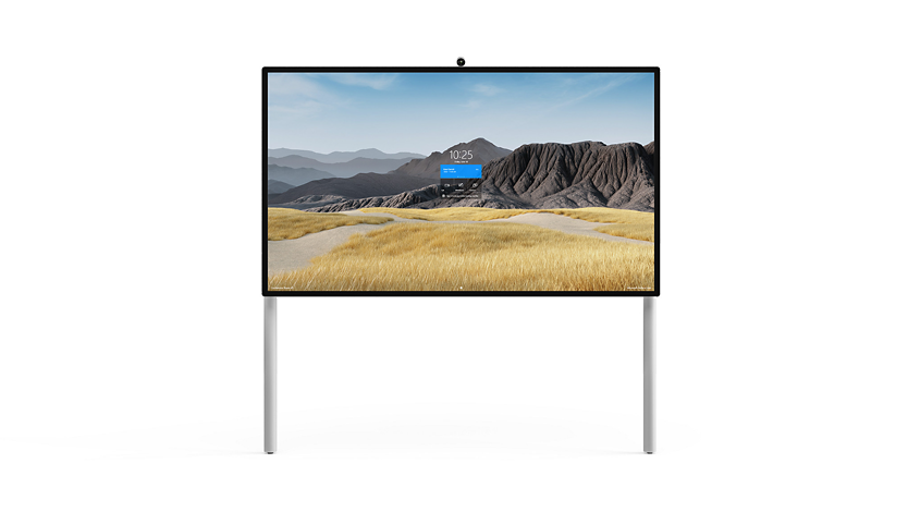 Ein Surface HUB 2S in 85 Zoll auf der bodengestützten Wandhalterung.