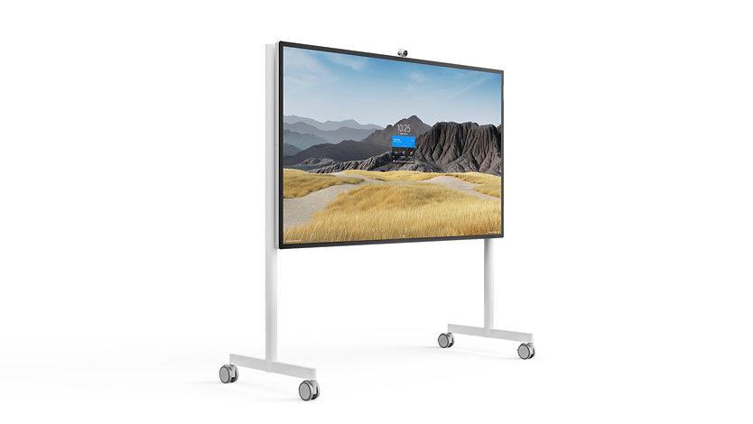 An 85 inch Surface Hub 2 S on a Mobile Stand.