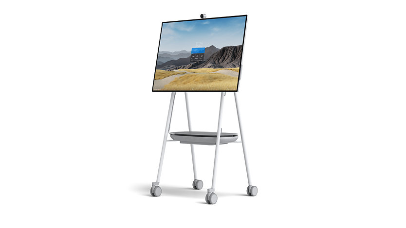 Un dispositivo Surface Hub 2 S de 50 pulgadas en un soporte móvil.