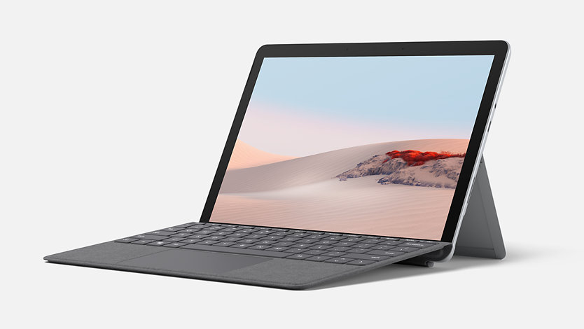 Surface Go 2 in laptop mode with Type Cover attached and kickstand open.