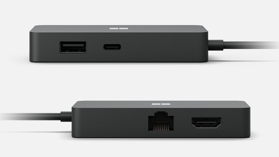 USB、イーサネット、HDMI の各ポートを表示した Travel Hub の両側面