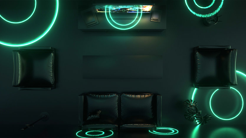 Entertainmentruimte in de woonkamer met bollen met 3D-geluid.