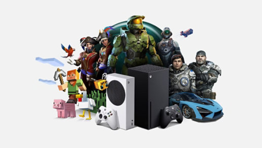 Xbox Series X and Xbox Series S consoles surrounded by game characters.