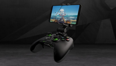 Zoomed-in view of PowerA MOGA XP5-X Plus Bluetooth Controller with Android phone attached to controller clip.