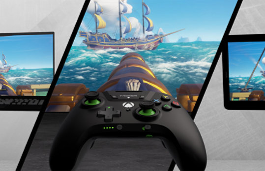 Three devices view featuring Sea of Thieves game and PowerA MOGA XP5-X Plus Bluetooth Controller for Mobile & Cloud Gaming Android/PC..