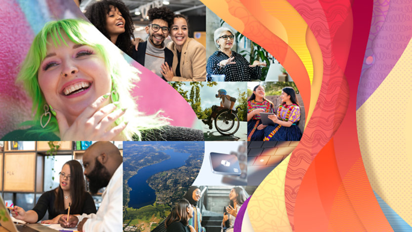 Photos of people layered over a colored background