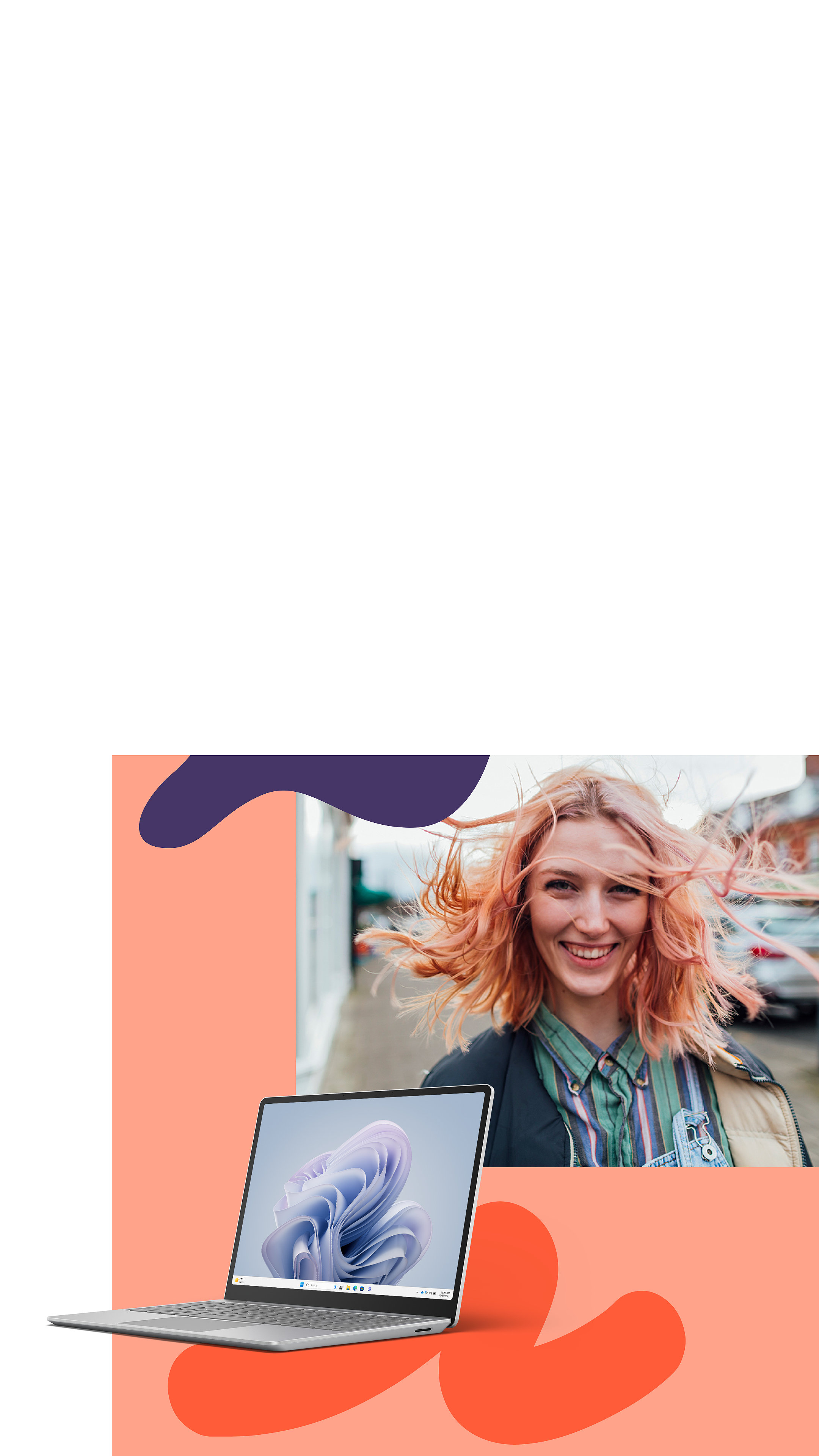 A colorful collage shows a woman with pink hair on the top right and an angled Platinum Surface Laptop Go 2 on the bottom left.