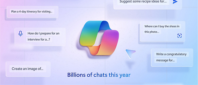Grafika przedstawiająca stylizowany interfejs do rozmów na czacie z nakładającymi się kolorowymi dymkami mowy i przykładami tekstowymi zapytań użytkowników