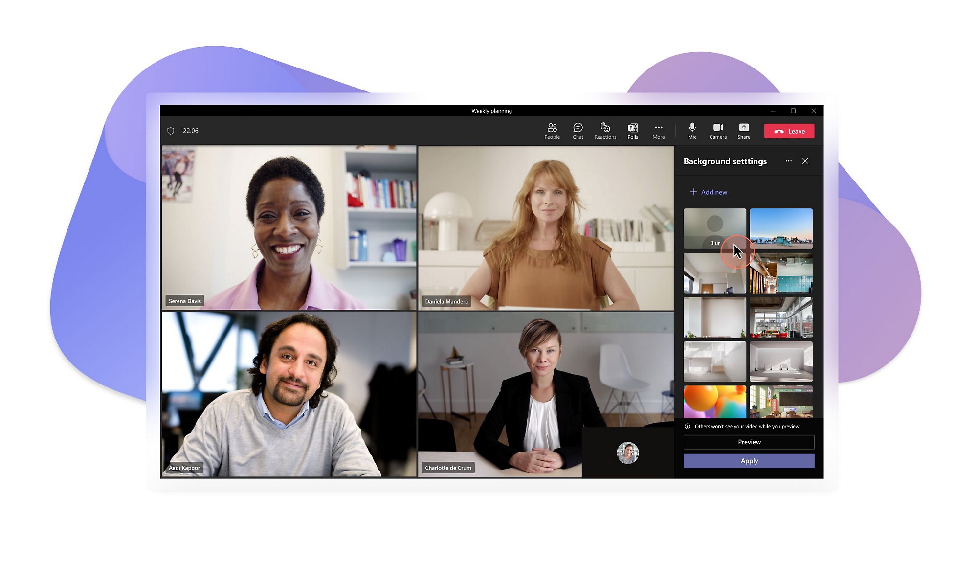 A Teams video call with a panel on the right showing Background settings and options.