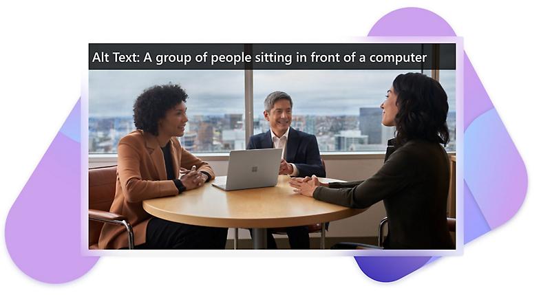 Una imagen de un grupo de personas sentadas delante de un equipo con texto alternativo escrito en la parte superior