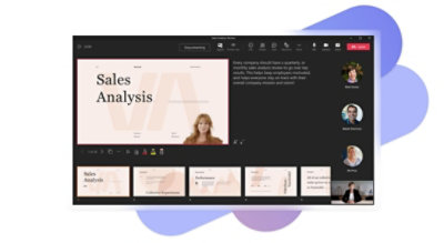 Présentation sur l’analyse des ventes donnée lors d’une réunion Teams avec deux participants vidéo et trois participants vocaux.