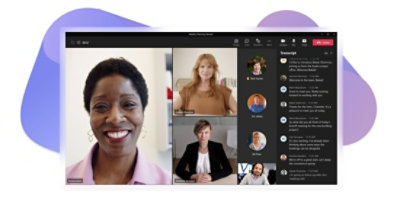 Réunion Teams avec des participants en vidéo et vocaux, un des participants levant la main pour parler et la transcription en direct affichée à droite.