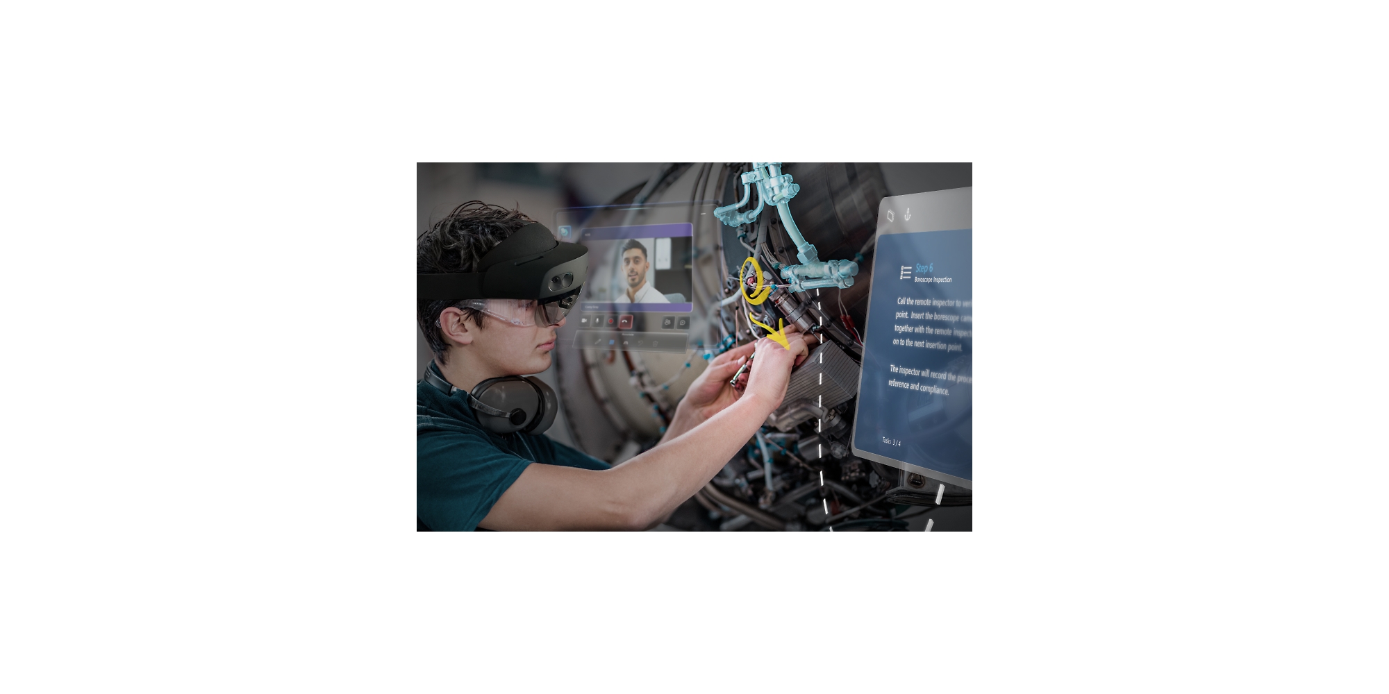 Osoba oglądająca film instruktażowy przy użyciu gogli HoloLens 2 podczas naprawiania maszyny.
