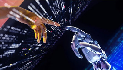 Illustration of a human hand and a robotic hand about to touch