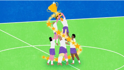 An illustration of athletes at the center of a playfield forming a human pyramid and holding up a trophy