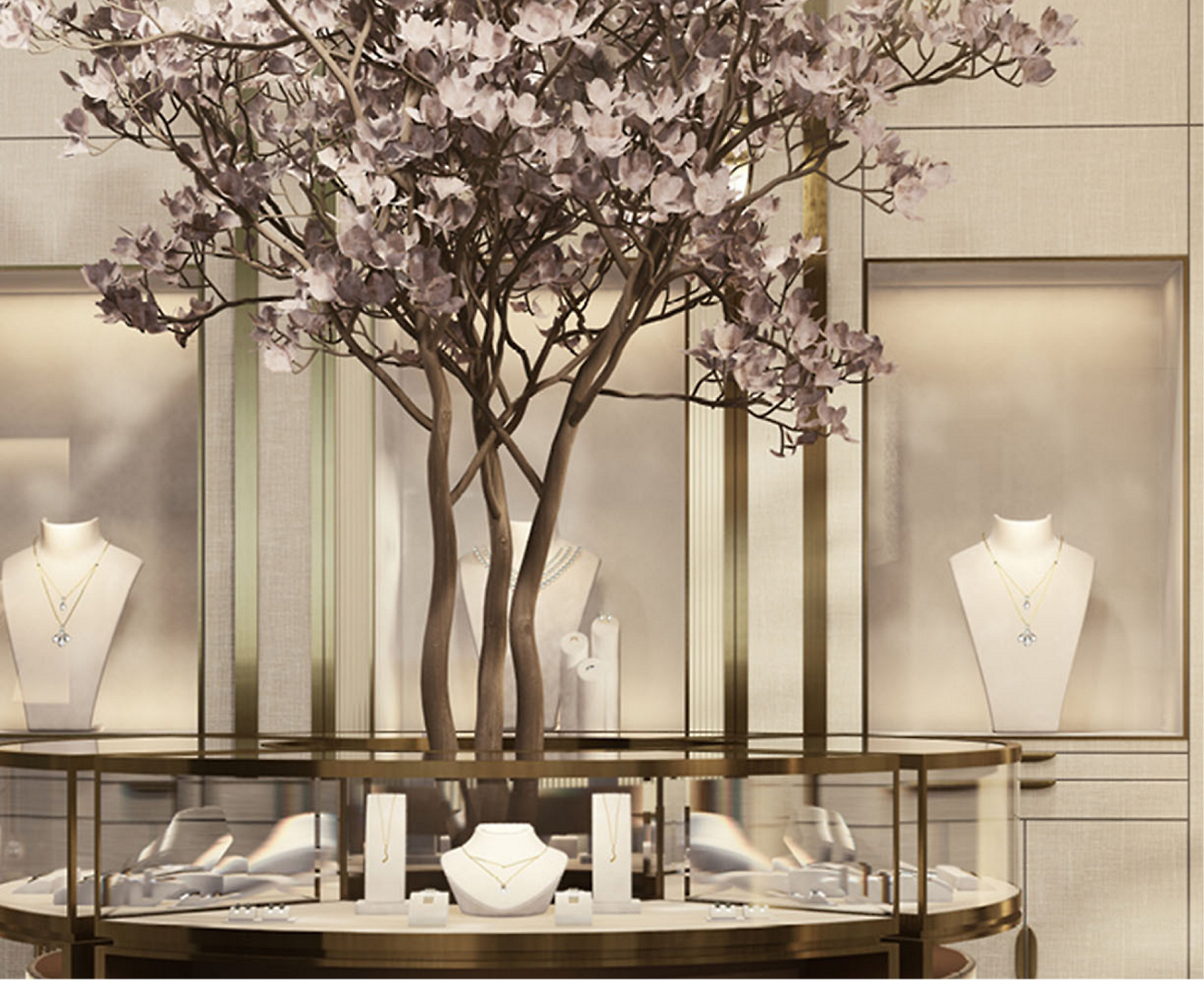A tree with flowers in a jewelry store.