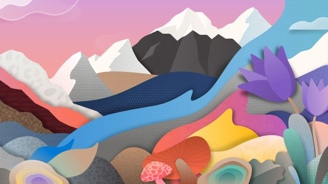 Colorful artwork depicting mountains and sky.